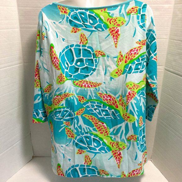 Ana Clare Resort Wear Top 3/4 sleeve soft stretchy turtle print turquoise L - Picture 2 of 6